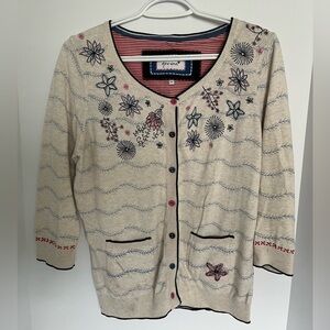 PER‎ UNA Cardigan Women’s 14 Embroidered 3/4 Sleeve Button Front